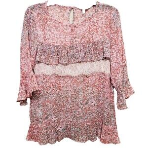 BCBGeneration Multi-Tiered Pink Floral Cedar Rose 3/4 Sleeve Blouse Size Small